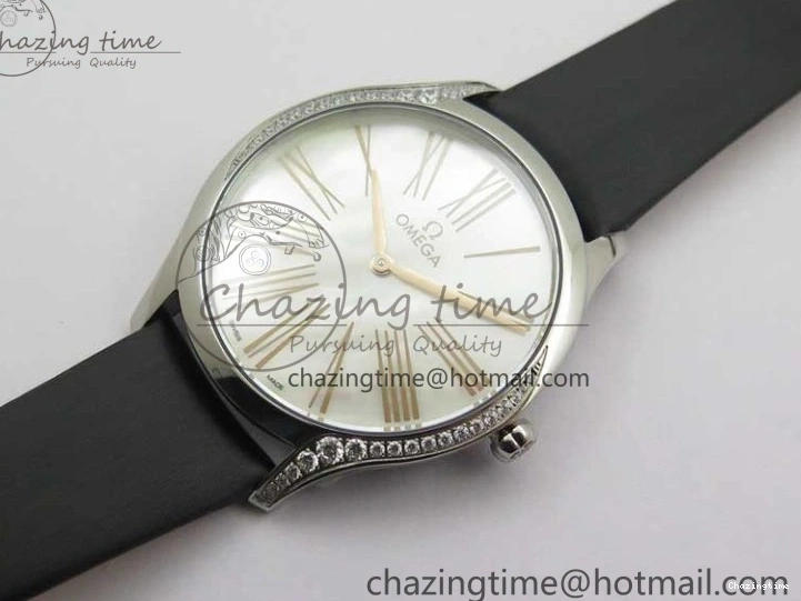 0420 StreetReady Ladies’ De Ville Trésor Diamond SS 3AF 1:1 Best Edition White MOP Dial RG Markers On Black Fabric strap Swiss Quartz 7884